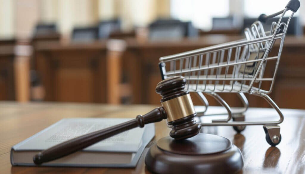 Gavel and shopping cart on a table, symbolizing online shopping, e-commerce laws, and consumer rights in a digital marketplace.