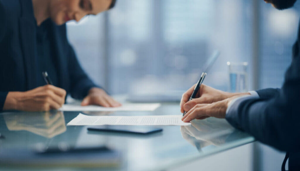 Close Up on Hands of Business Partners Sign Successful Deal Documents in Meeting Room Office. Corporate CEO and Investment Manager Working Next to Window with Big City with Skyscrapers View.