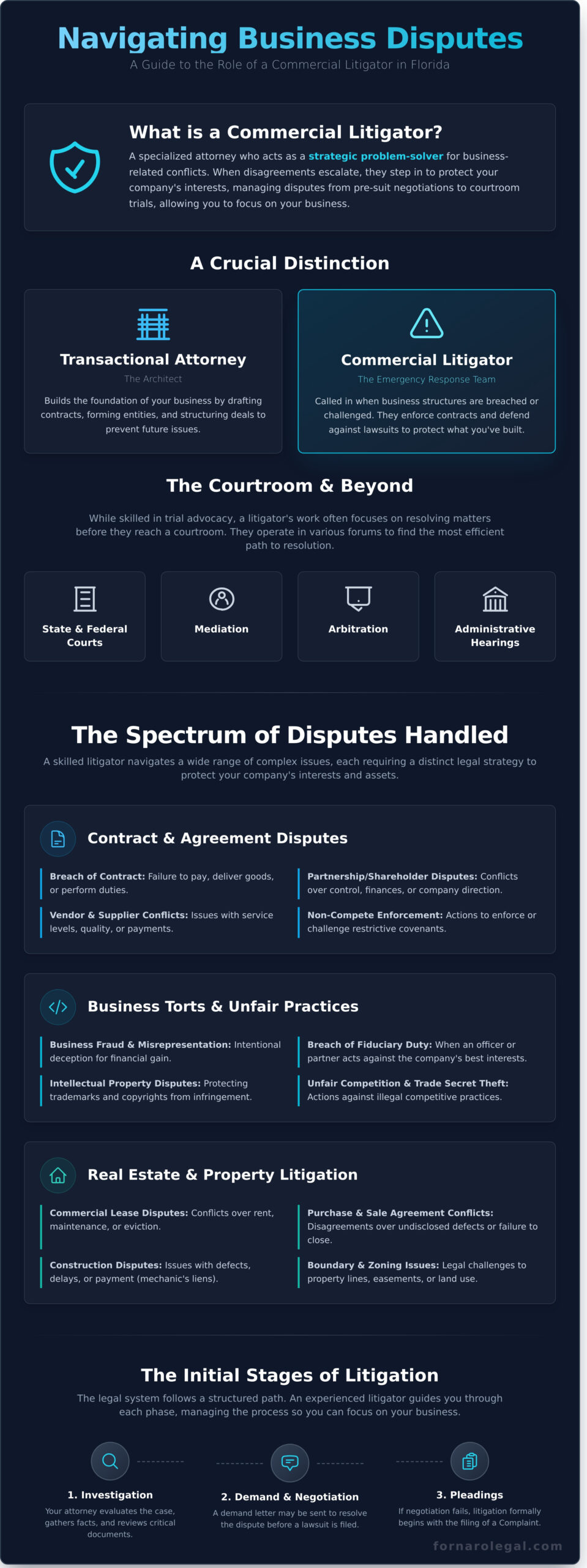 What Does a Commercial Litigator Do? A Guide for Florida Business Owners - Infographic